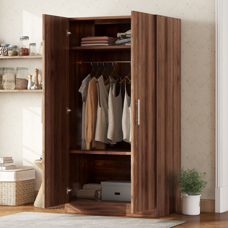 2 Door Wooden Wardrobe Armoire With 3 Storage Shelves - Brown