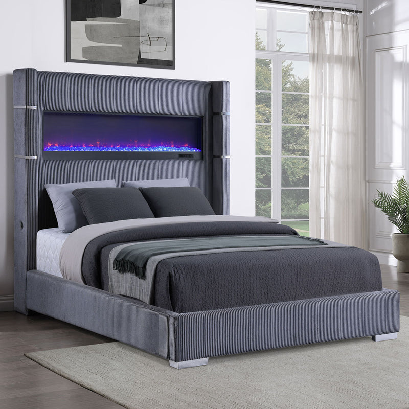 Haven - Upholstered Queen Bed With Integrated Flame Box - Gray
