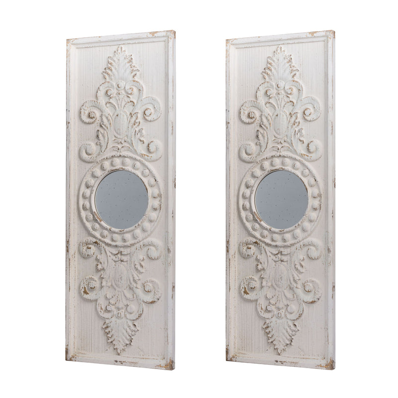 Large Wooden Wall Art Panels With Distressed Round Mirror Accents (Set of 2) - White