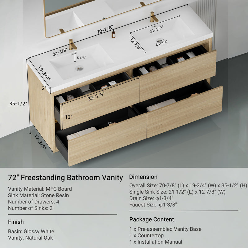 Bathin Freestanding Bathroom Vanity With Double Sinks, Bathroom Storage Vanity Cabinet With Stone Resin Countertop And Soft Close Drawers