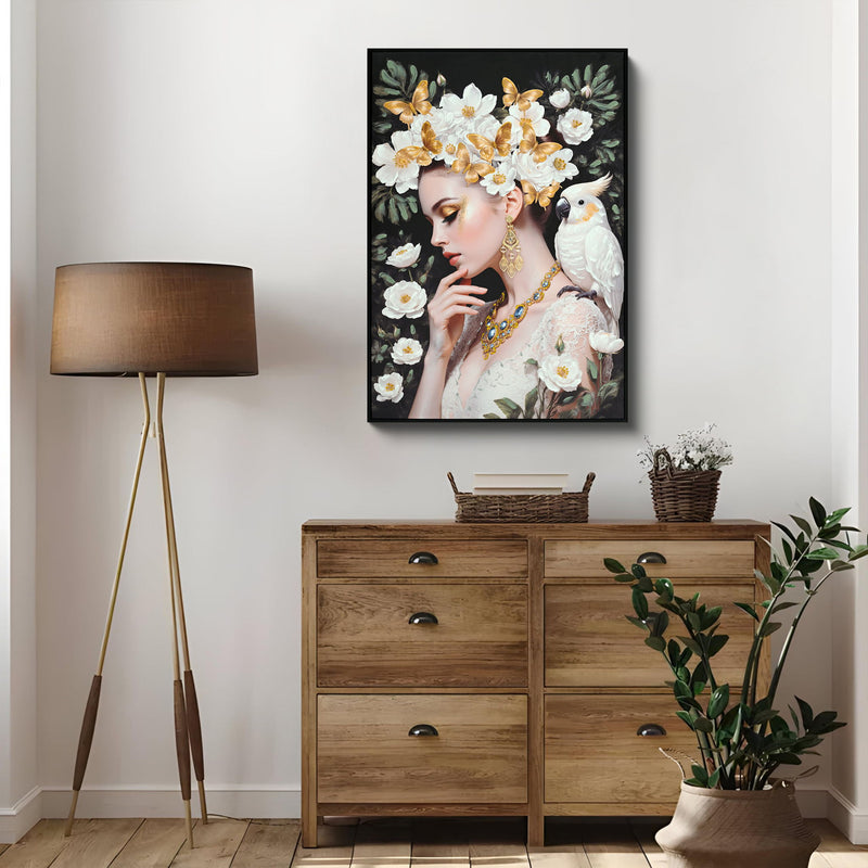 Beauty Posters Beauty Lady Wall Art And Floral Canvas Artwork For Living Room - Ivory / Gold