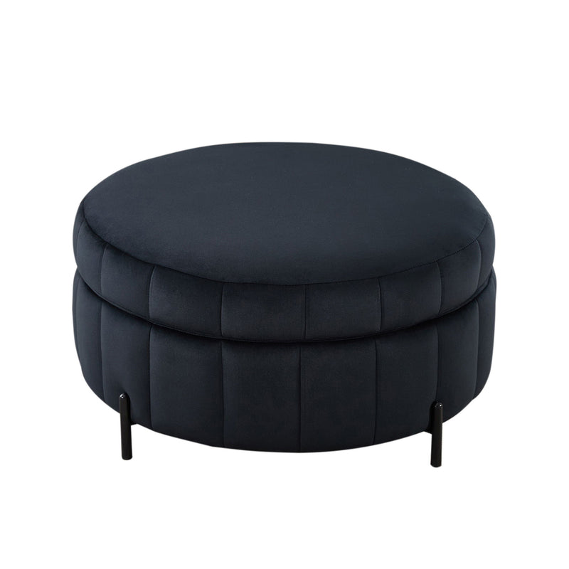 Upholstered Round Ottoman With Reversible Lid, Channel Tufted Pumpkin Shape