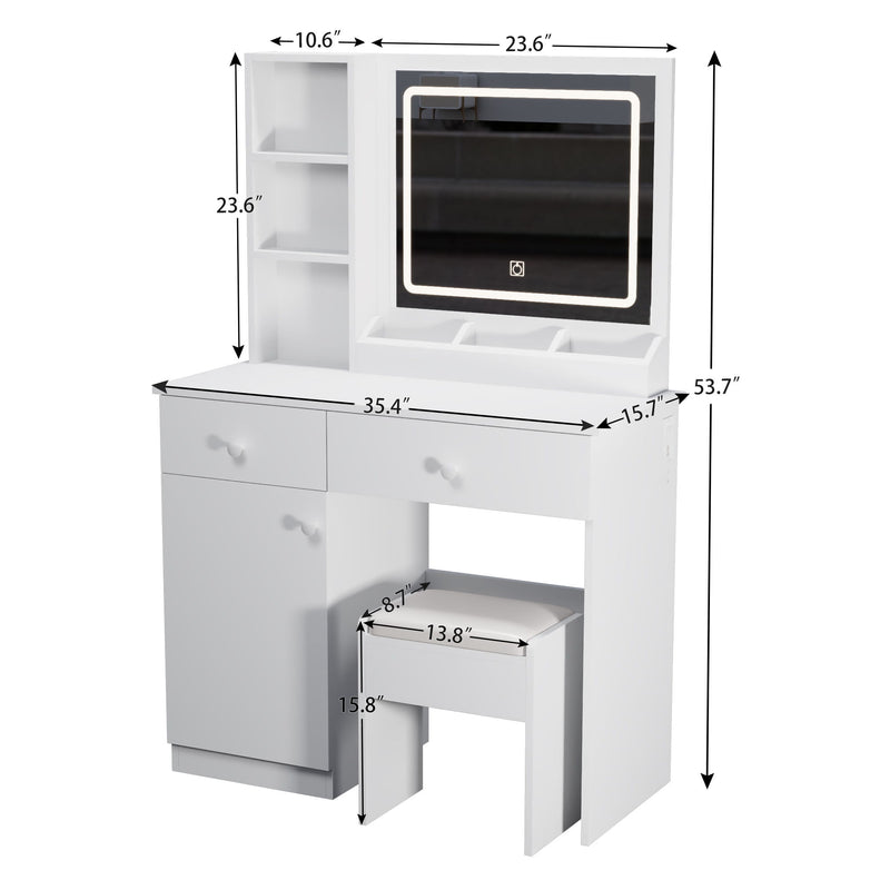 Fashion Vanity Desk With Mirror And Adjustable Lights, Makeup Table Set With 2 Drawers - White