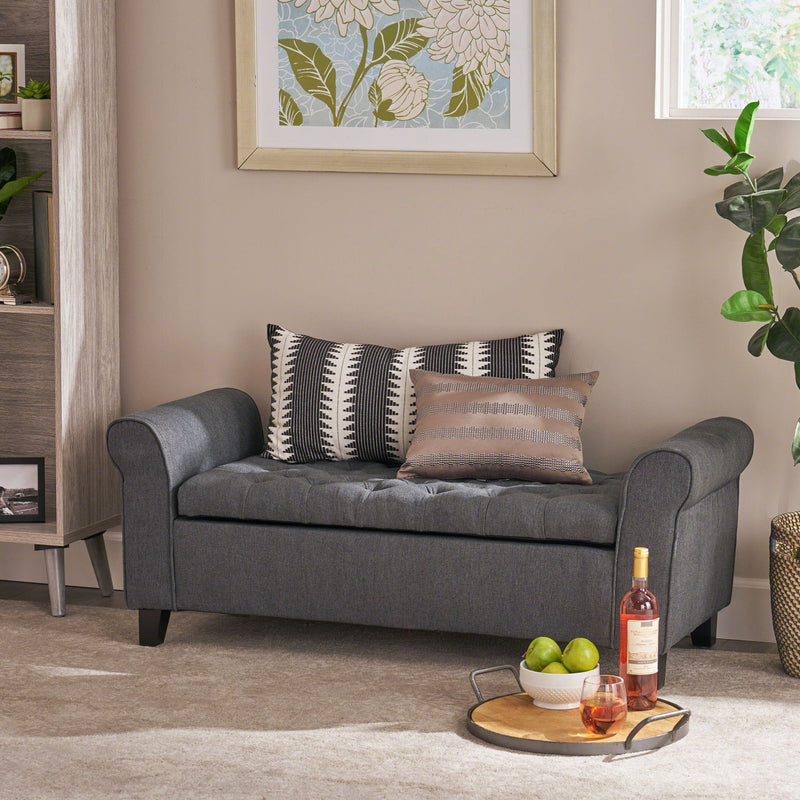 Hayes - Contemporary Armed Storage Bench With Rolled Arms And Button Tufting