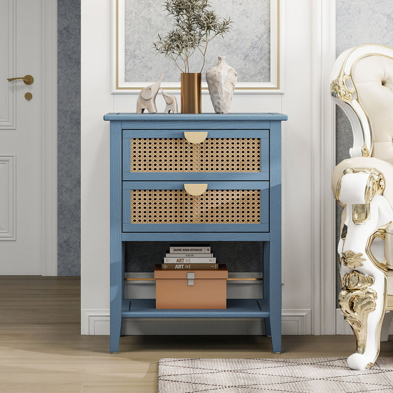 2 Drawer Side Table, Natural Rattan
