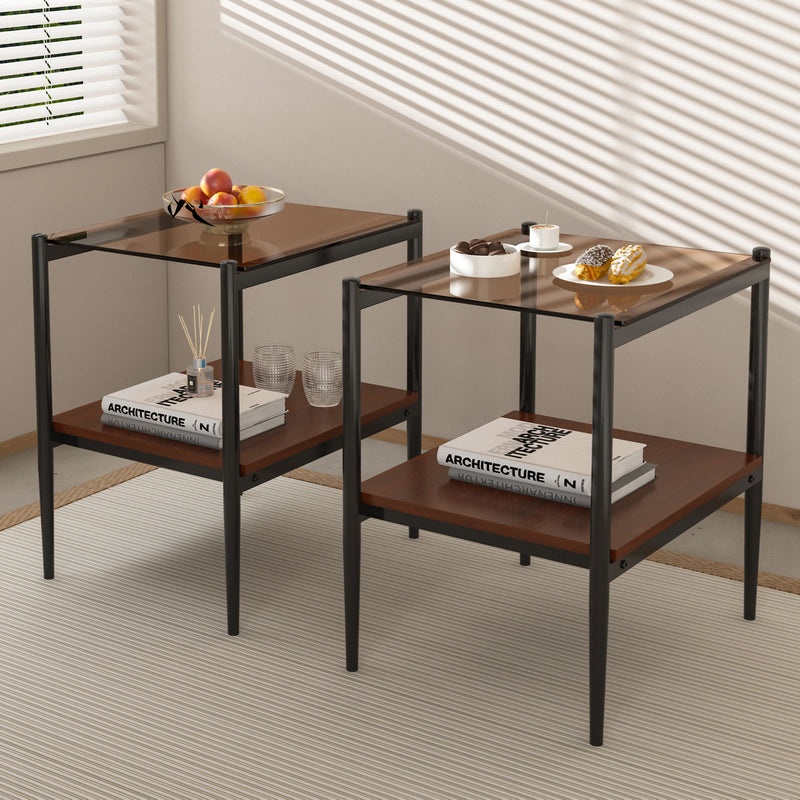 Modern Rectangle End Table (Set of 2) With Tempered Glass Tabletop And Layer - Brown