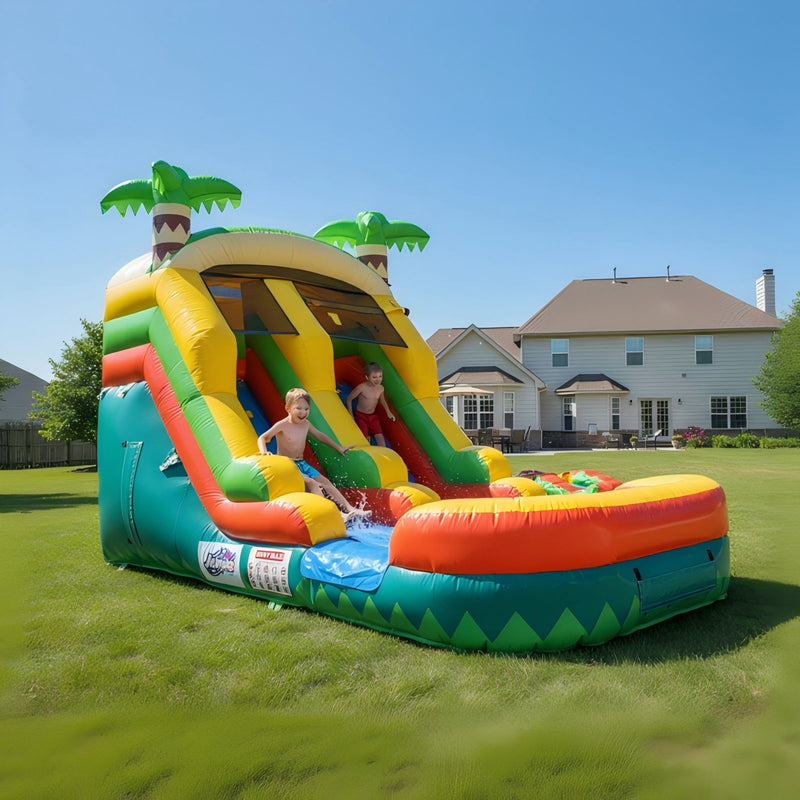 20Ft X 10Ft Inflatable Water Slide For Kids, 2 In 1 Wet & Dry Tropical Palm Tree Bounce House With Blower, Outdoor - Green