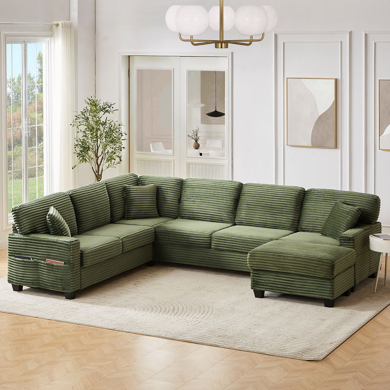 Upholstered U-Shaped Sectional Sofa With Movable Ottoman And Side Storage Pockets