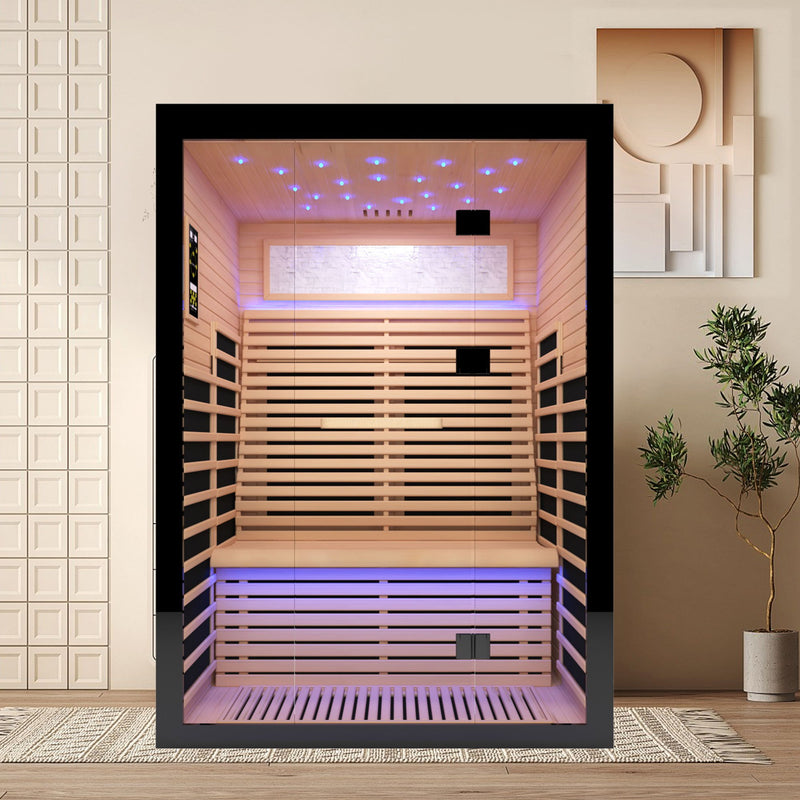 Luxury Double Far Infrared Sauna Room With Epoxy Heating Plates And Starry Sky Lighting - Black / Natural