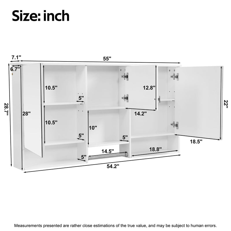 Wall-Mount 3-In-1 Mirror Cabinet With Adjustable Shelf, Soft-Closing Hinges, Rectangular Design - White