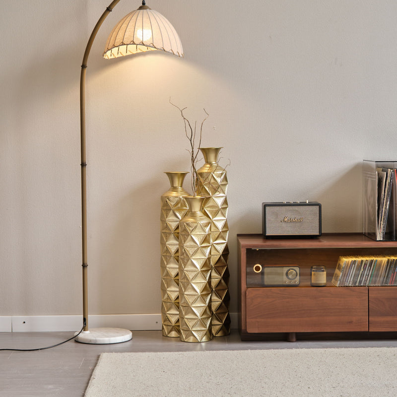 Metal Decorative Vase High Distress Metal Center Vase With 3D Triangle Pattern, (Set of 3) Vases For Home Decoration - Gold