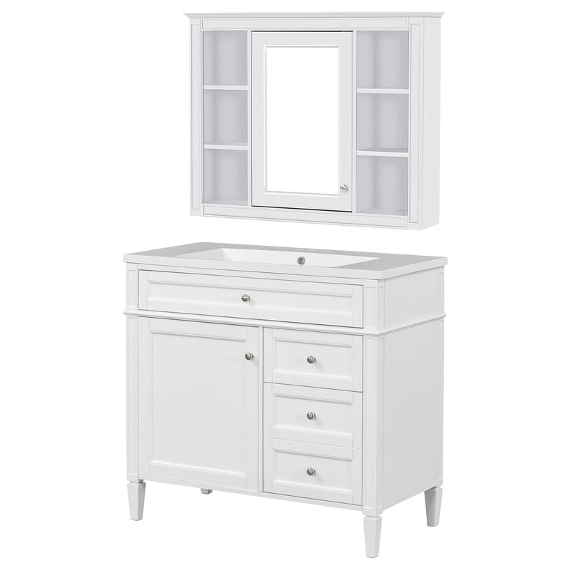 Bathroom Vanity With Top Sink, Storage Cabinet With Mirror, 2 Doors, 3 Drawers, 6 Open Shelves