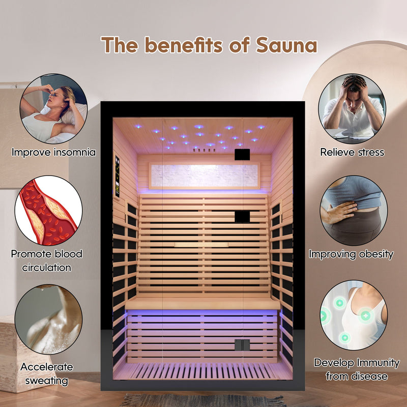 Luxury Double Far Infrared Sauna Room With Epoxy Heating Plates And Starry Sky Lighting - Black / Natural