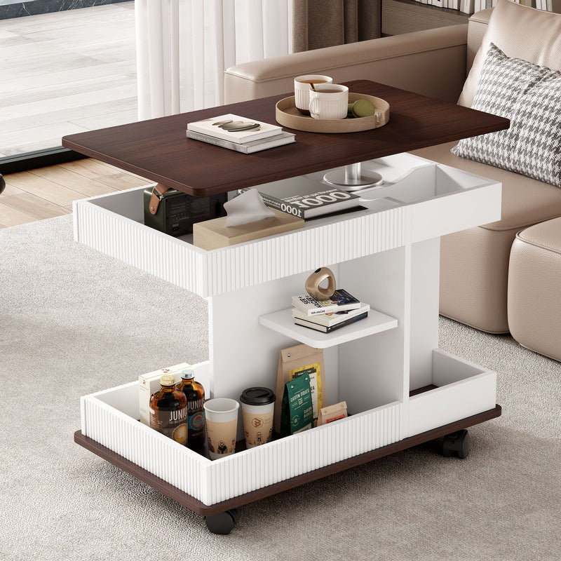 Adjustable End Table With Wheels, 360°Rotating Top And Storage Space