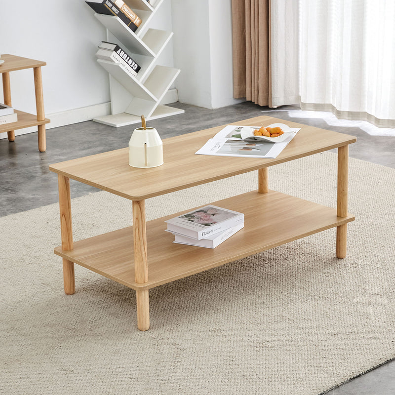 Modern 2 Tier, Rectangular Center Coffee Table With Open Storage Shelf, Rounded Legs