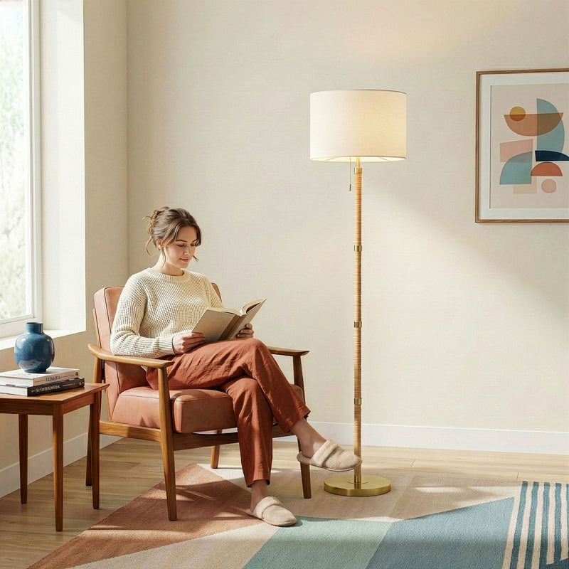 Stellar - Linen Shade Floor Lamp - Gold / Natural Wood / Rattan / White