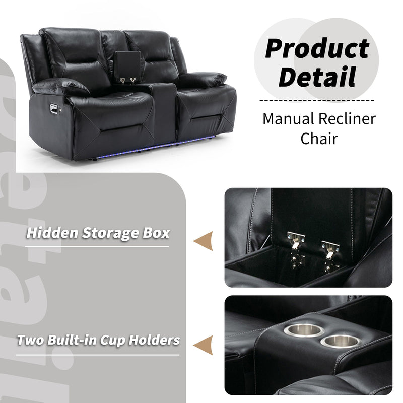 2 Seater Home Theater Recliner Manual Recliner Chair With A LED Light Strip Two Cup Holders And A Storage Box For Living Room