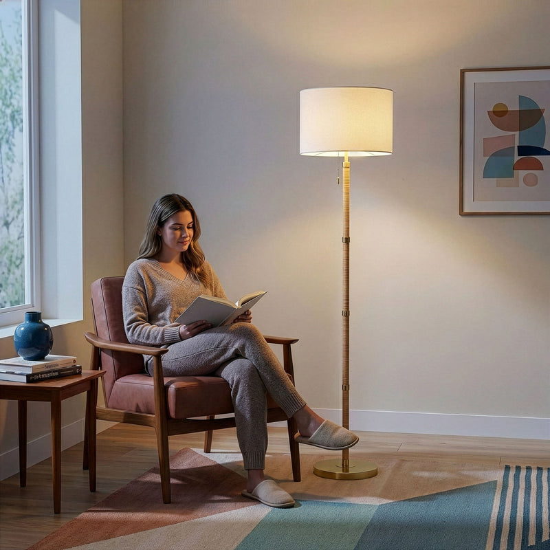 Stellar - Linen Shade Floor Lamp - Gold / Natural Wood / Rattan / White