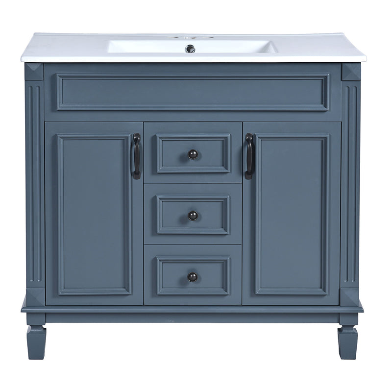 36" Bathroom Vanity With Top Sink, Basin On Cabinet With 2 Soft Closing Doors And 2 Drawers - Blue