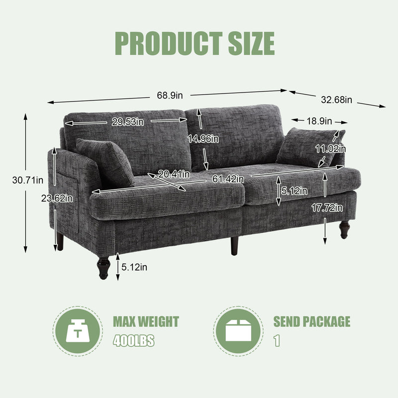 Chenille 2 Seater Sofa With LED Light, USB Charging Port, And Storage Bag