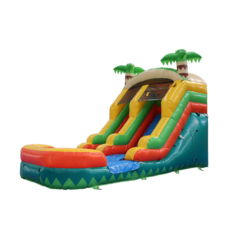 20Ft X 10Ft Inflatable Water Slide For Kids, 2 In 1 Wet & Dry Tropical Palm Tree Bounce House With Blower, Outdoor - Green