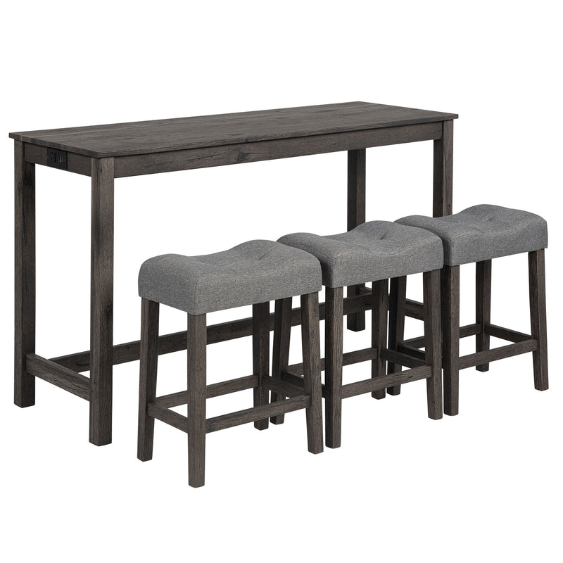 4 Piece Bar Table Set With Power Outlet, 3 Padded Stools