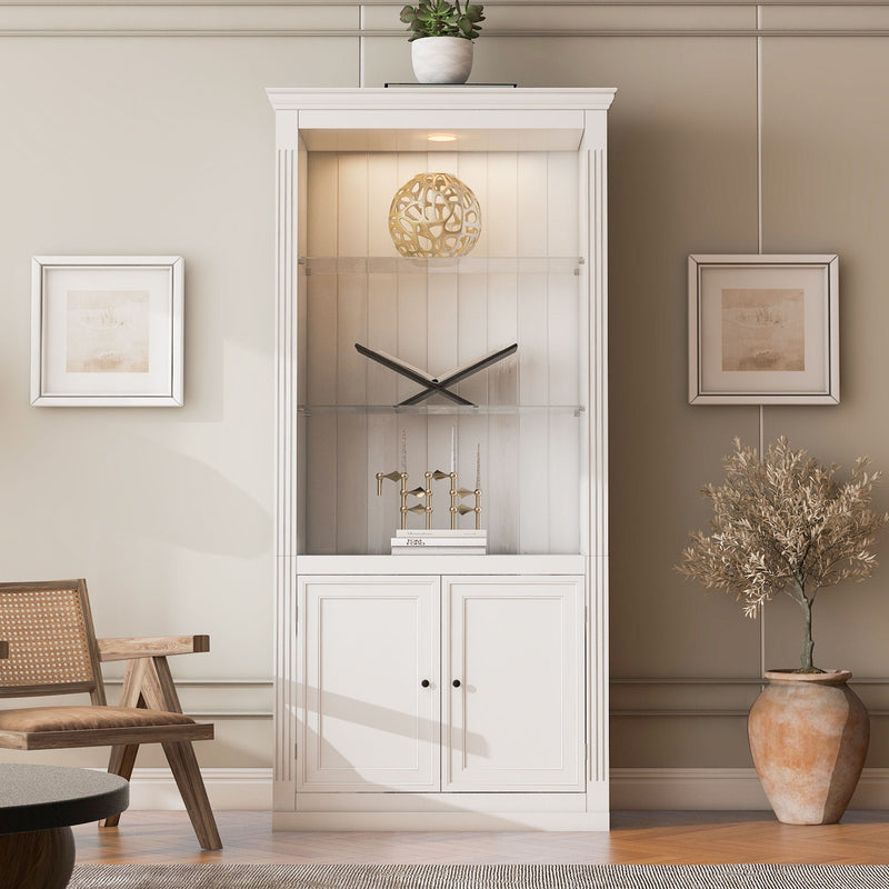 Retro Style Display Bookcase With Adjustable LED Ceiling Light And Tempered Glass Shelves - White