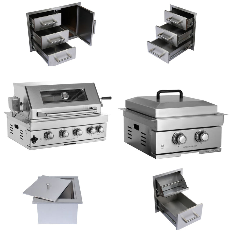 Built-In Outdoor Kitchen LPG Gas Grill 60000 Btu, Drop-In Ice Box With BBQ Tool Set - Silver