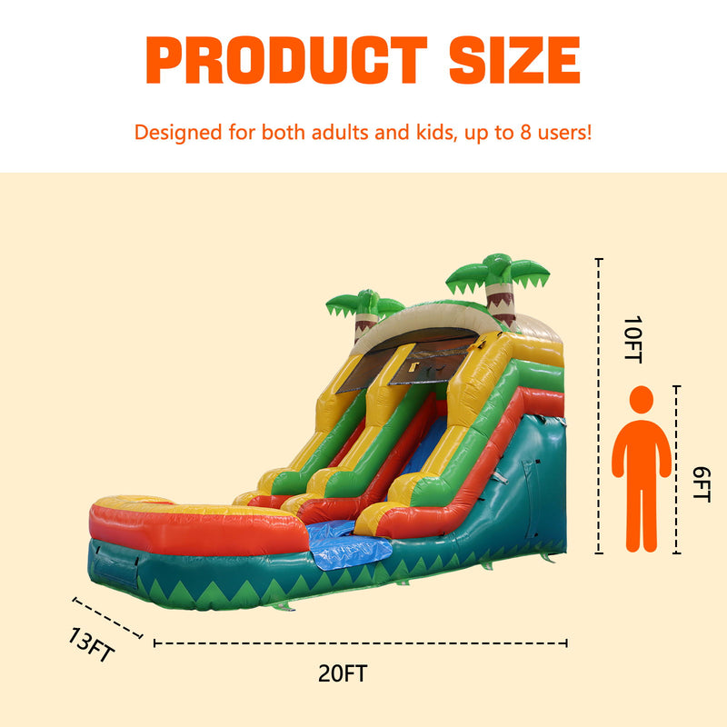 20Ft X 10Ft Inflatable Water Slide For Kids, 2 In 1 Wet & Dry Tropical Palm Tree Bounce House With Blower, Outdoor - Green
