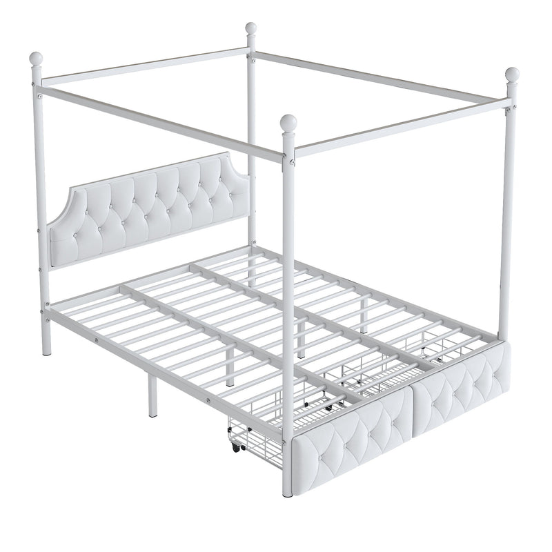 Queen Size Canopy Platform Bed With Upholstered Headboard And 2 Storage Drawers - White