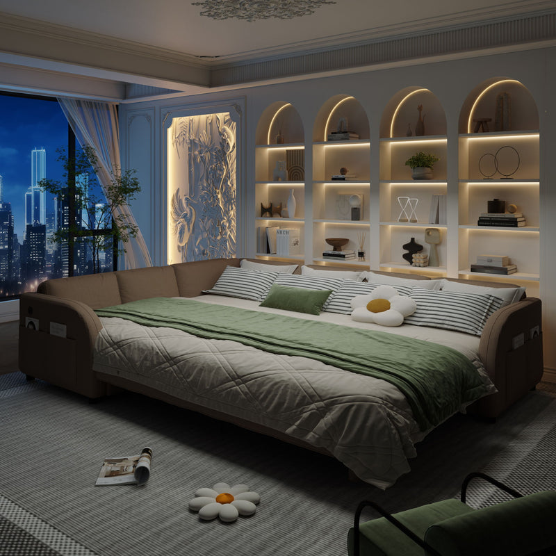 L-Shaped Couch With Pull-Out Bed, Convertible Sleeper Sofa With Side Pocket & USB Port