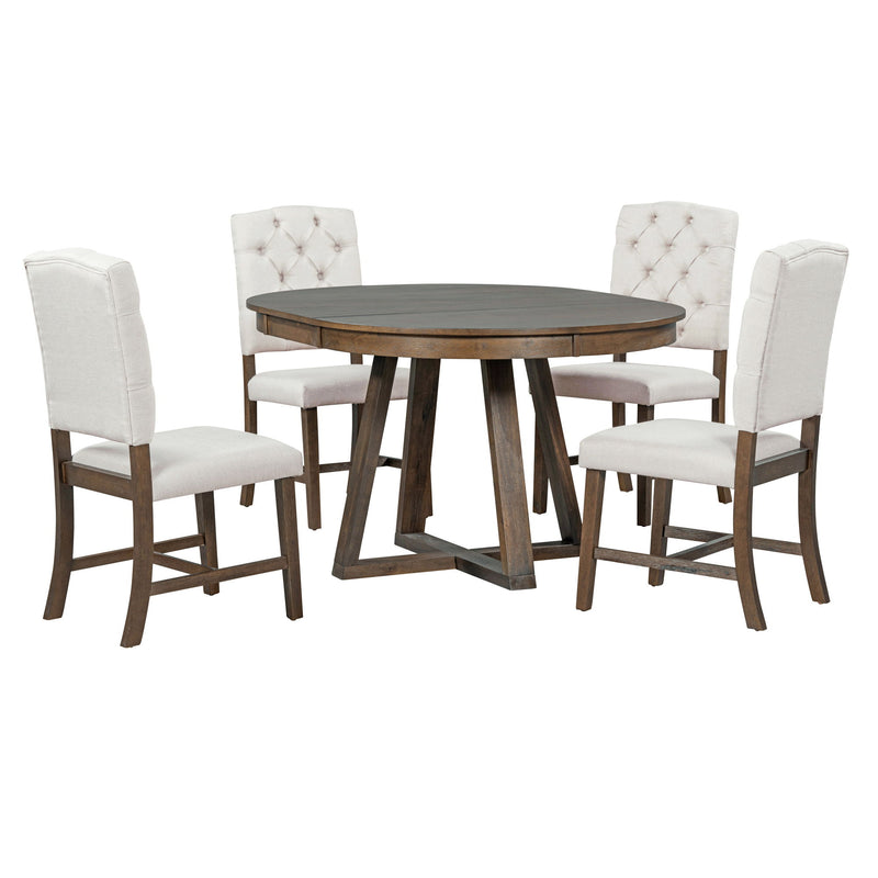 Retro Functional Dining Set, Round Table With Leaf And Upholstered Chairs For Dining Room And Living Room