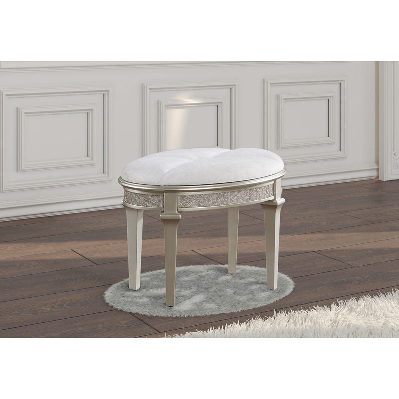 Colwood - Upholstered Oval Vanity Stool With Glitter Trim Seat - Silver Gray