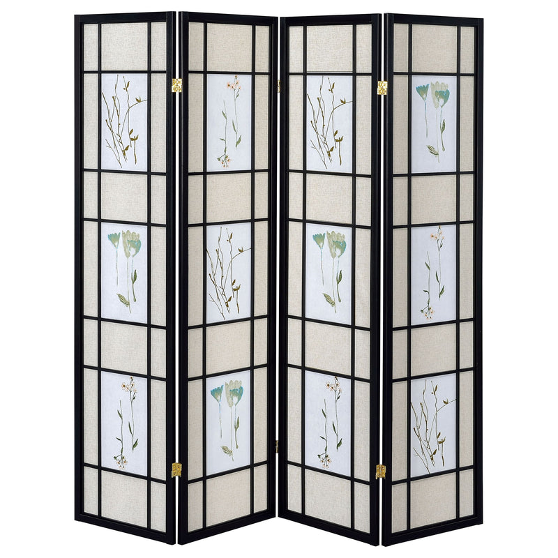 4 Panel Folding Screen With Floral Motif - Black