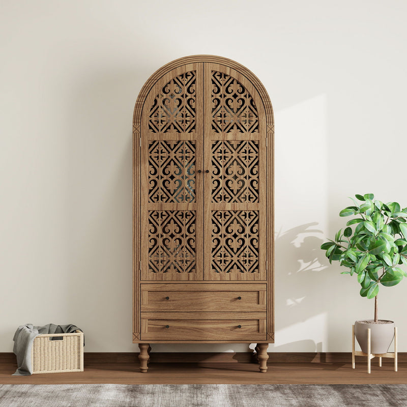 Tall Kitchen Pantry Cabinet With Hollow Carved Doors 2 Drawers And Adjustable Shelves Storage Display Cabinet For Kitchen Dining Room Or Living Room - Walnut