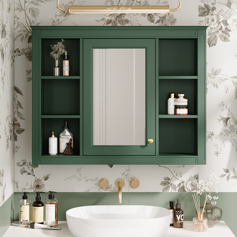 Wall Mounted Medicine Cabinet With Mirror, Storage Cabinet Featuring 6 Open Shelves And Adjustable Interior