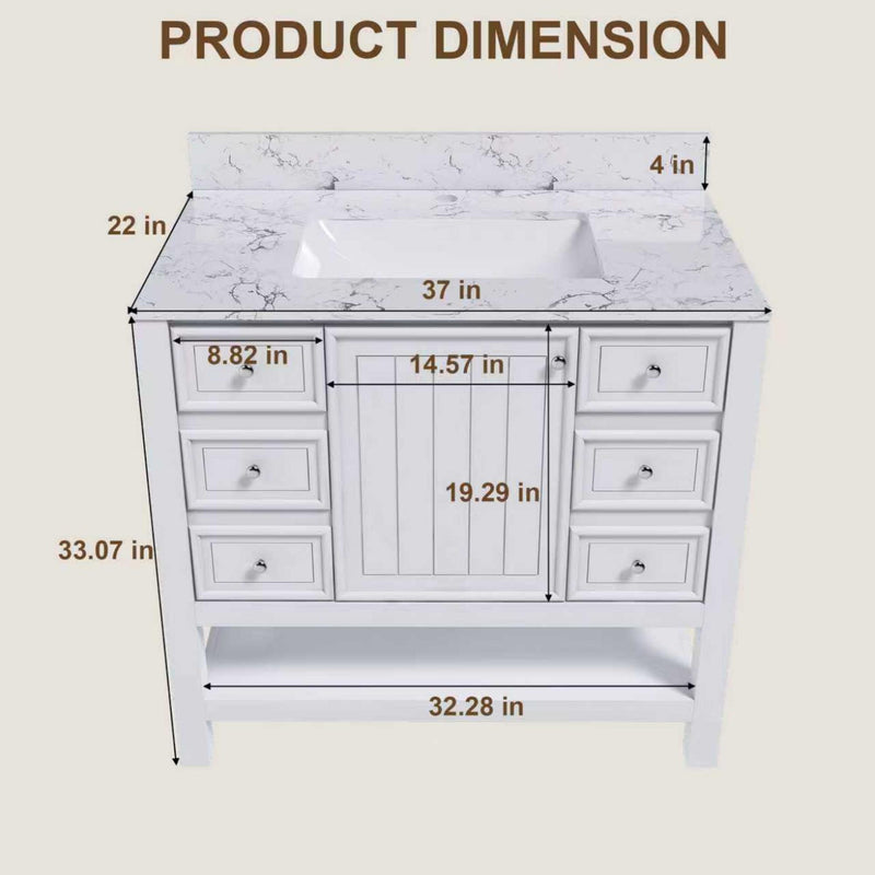 37" Bathroom Vanity, Multi Functional Cabinet With Doors And Drawers, Frame, Single Faucet Hole - White