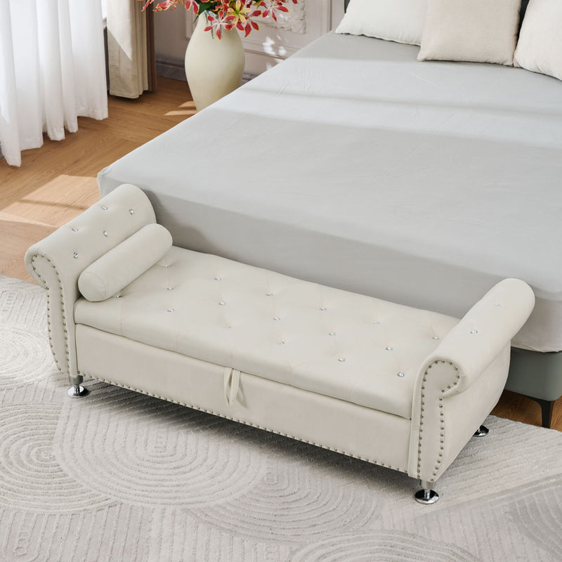 Storage Bench With Crystal Buttons And 1 Pillow For Bedroom