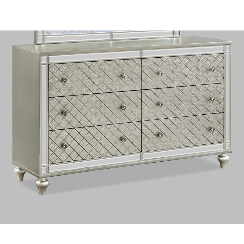 6 Drawer Bedroom Dresser With Diamond Patterned Drawer Fronts - Silver