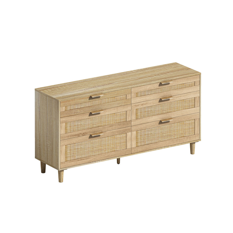 Rattan Dresser With 6 Drawers, Wooden Legs & Metal Handle