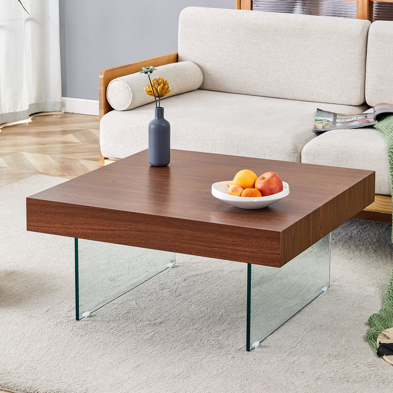 Natural Style Coffee Table With Glass Legs - Wood Grain Texture