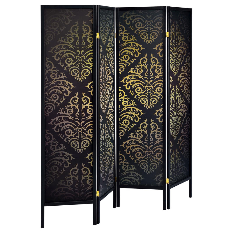 4 Panel Folding Screen With Diamond Scrollwork Motif - Black