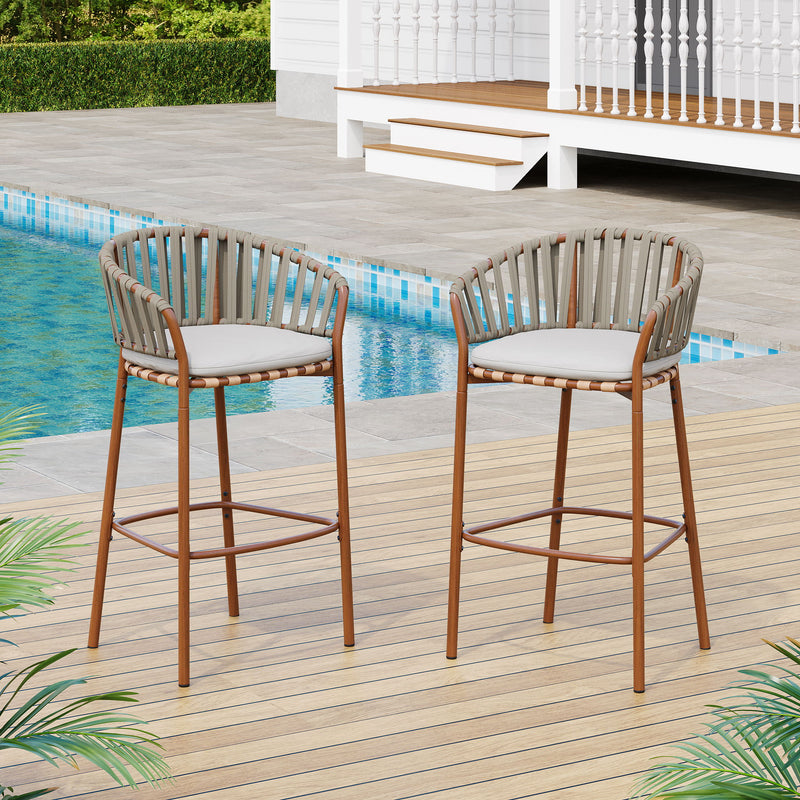Lodi - Outdoor Matal Rope Barstool, Teak / Beige (Set of 2) - Teak / Beige