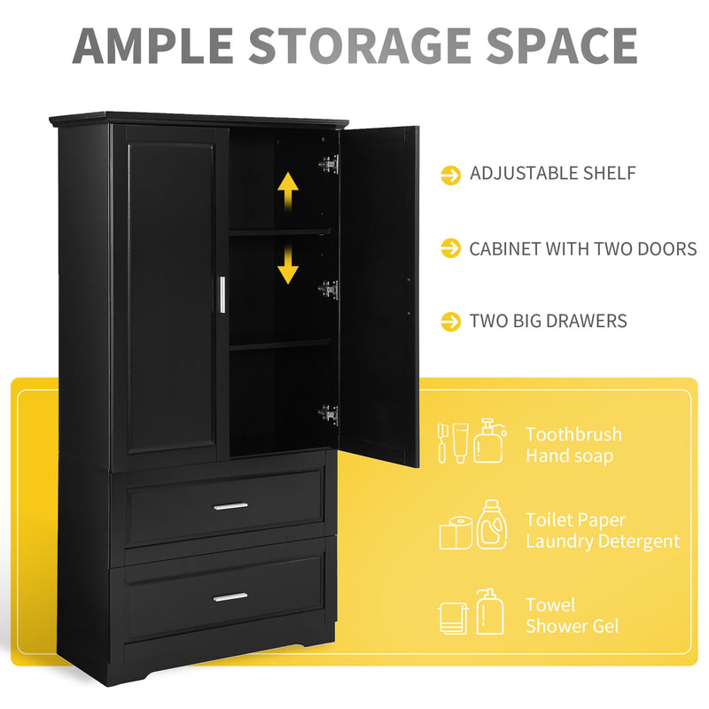 Tall Bathroom Storage Cabinet, Cabinet With 2 Doors And Drawers, Adjustable Shelf