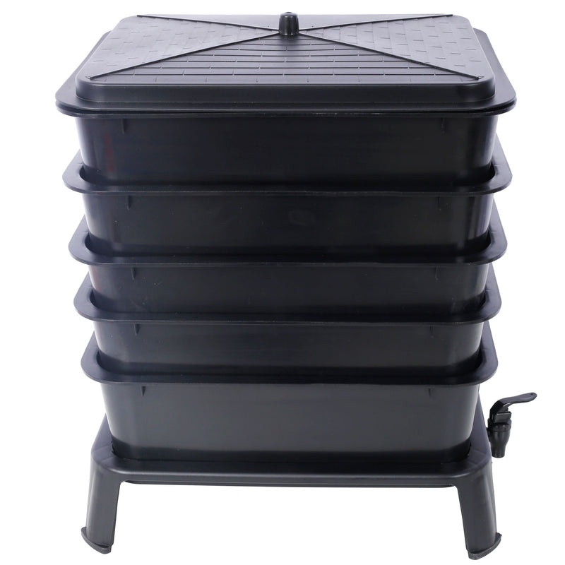 Eco Friendly 5 Layer Worm Compost Bin With 50L Capacity, Easy Setup Plastic Worm Farm Kit - Black