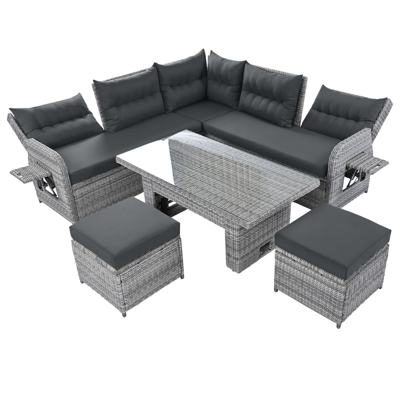 Outdoor Furniture Set Patio Rattan Furniture Set With Adjustable Table, Recliners With Extendable Side Tables And 2 Ottomans