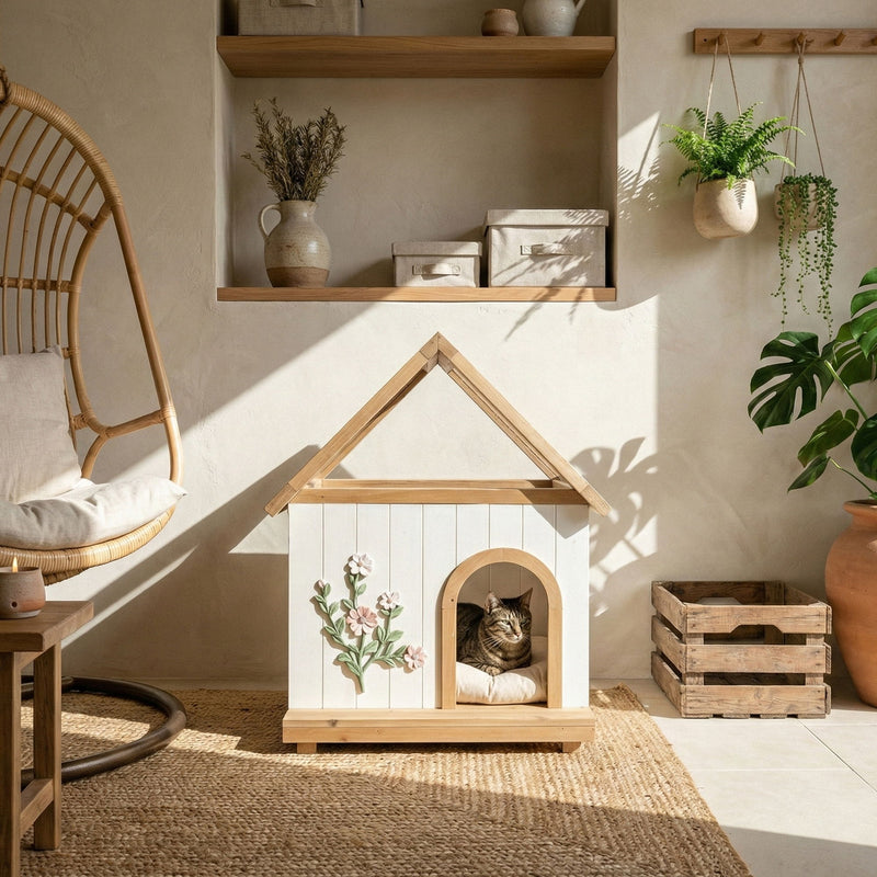 Daisy Cat House With Roof & Indoor Outdoor Pet Shelter For Cats & Small Dogs (11–25 Lbs) - White / Wood