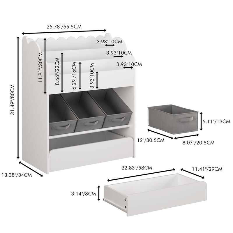 Bookshelf With Storage Bins And Drawer, Multi Functional Book Organizer For Toddlers - White