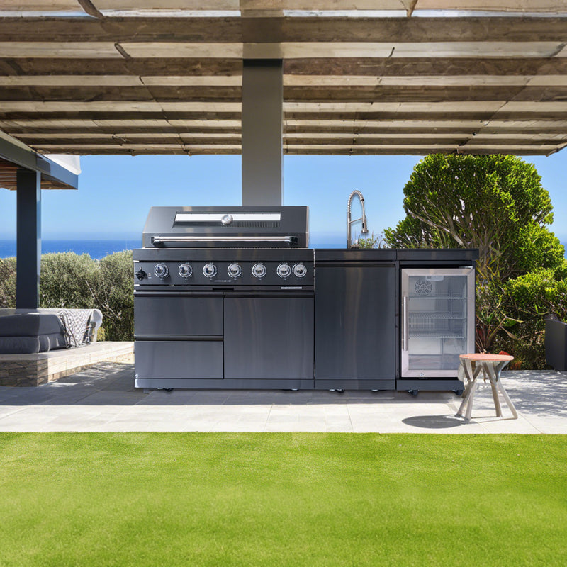 6 Burner 85, 000 Btu Outdoor Kitchen Island Grill With Wine Cooler Refrigerator, Rotisserie Kit, Granite Countertops & Sink - Black