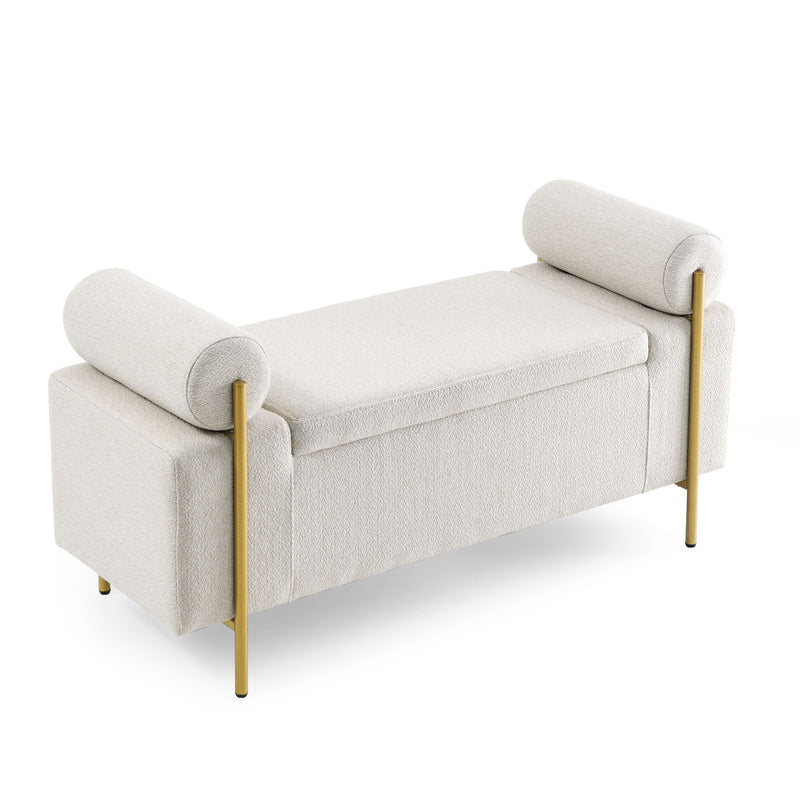 Elegant Upholstered Linen Storage Bench With Cylindrical Arms And Iron Legs, White